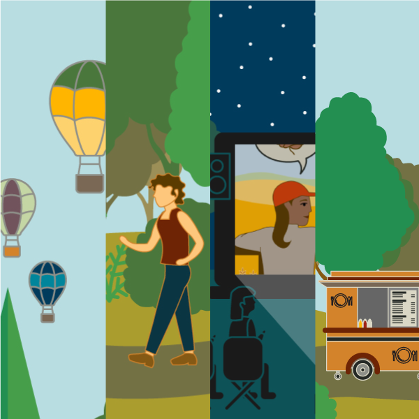 4 scence spliced together showing hot air balloons, hiker, outdoor movies, and food carts